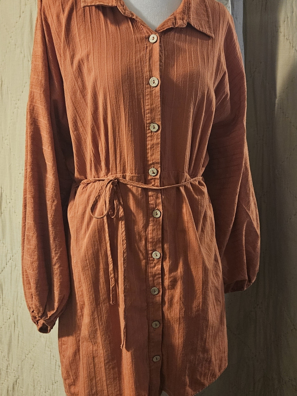 Mittoshop Large Rust Orange Cotton Shirt Dress Belted Button Front Boho